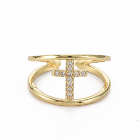 Brass Micro Pave Clear Cubic Zirconia Cuff Rings, Open Rings, Nickel Free, Cross