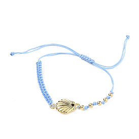 Adjustable Nylon Thread Braided Bead Bracelets, with Alloy Links and Round Brass Beads, Shell Shapes, Golden