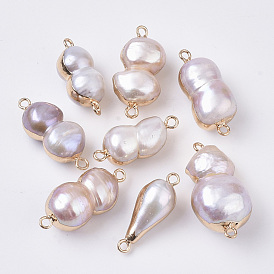 Natural Cultured Freshwater Pearl Links Connectors, with Brass Loop, Edge Plated, Calabash, Golden