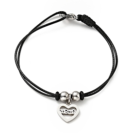304 Stainless Steel Heart with Word Mama Charm Bracelet with Waxed Cord for Mother's Day