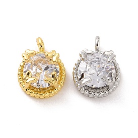 Brass Micro Pave Clear Cubic Zirconia Charms, with Jump Ring, Flat Round