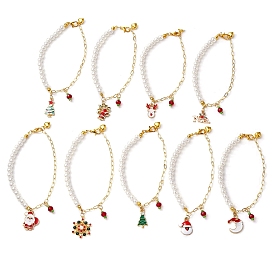 Christmas Theme Glass & Alloy Enamel Charm Bracelets, Brass Paperclip Chains Bracelets with Plastic Imitation Pearl Beads