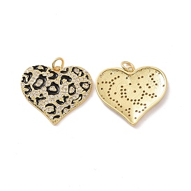 Coeur avec motif imprimé léopard breloques en laiton micro pavées de zircons cubiques transparents, avec anneaux de saut et émail, sans cadmium et sans nickel et sans plomb
