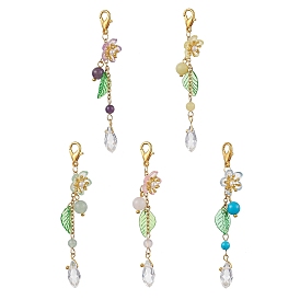 5Pcs Flower & Leaf Acrylic Pendant Decorations, with Natural Amethyst & Green Aventurine & Lemon Jade & Natural Rose Quartz & Synthetic Turquoise Beads, with Alloy Lobster Claw Clasps Charms