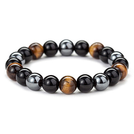 Bracelet extensible en perles rondes en œil de tigre naturel teint et obsidienne