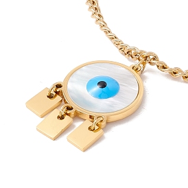 Shell Flat Round with Evil Eye Pendant Necklace with 304 Stainless Steel Curb Chains for Women, Golden