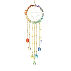 Teardrop Glass Pendant Decoration, Hanging Suncatchers, with Ring 304 Stainless Steel Finding, Brass Finding & Chakra Gemstone Chip Beads