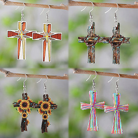 Серьги-подвески из дерева с двухсторонним принтом, платина, крестик