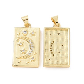 Rack Plating Brass Micro Pave Clear Cubic Zirconia Pendants, Rectangle with Star & Moon Charms