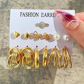 Gold Metal Heart Butterfly Earrings Set - Punk Style, Creative, 6 Pieces.