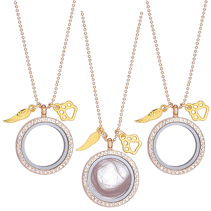 3Pcs Alloy Crystal Rhinestone Wing Paw Print and Glass Magnetic Flat Round Locket Pendant Ball Chain Necklaces for Women