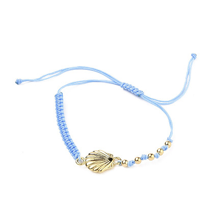 Adjustable Nylon Thread Braided Bead Bracelets, with Alloy Links and Round Brass Beads, Shell Shapes, Golden