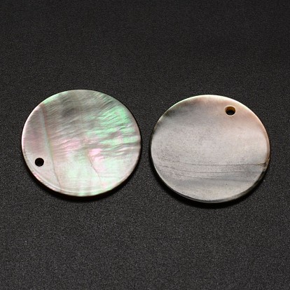 Black Lip Shell Flat Round Pendants, 25x1~2mm, Hole: 1.5mm