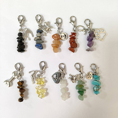 Decoración colgante con chip de piedras preciosas naturales y sintéticas., con dijes de aleación con temática de mascotas y cierres de pinza de langosta