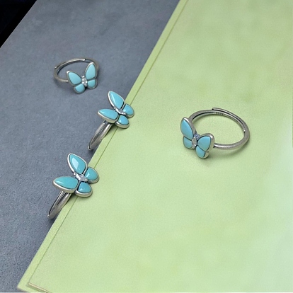 Регулируемые кольца из искусственной бирюзы с 925 кольцами из стерлингового серебра, античное серебро