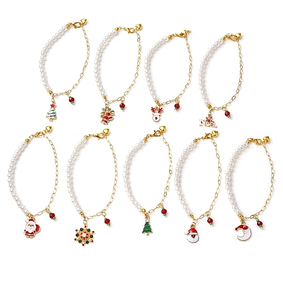 Браслеты с подвесками из стекла и эмали на рождественскую тематику, латунные цепочки-скрепки браслеты с пластиковыми бусинами-имитаторами жемчуга