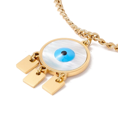 Shell Flat Round with Evil Eye Pendant Necklace with 304 Stainless Steel Curb Chains for Women, Golden