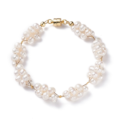Vintage Natural Pearl Beads Bracelet, Pearl Beads Braided Bracelet with Brass Magnetic Clasps for Women, Golden