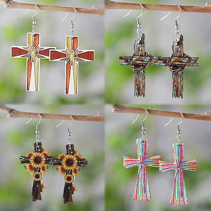 Серьги-подвески из дерева с двухсторонним принтом, платина, крестик