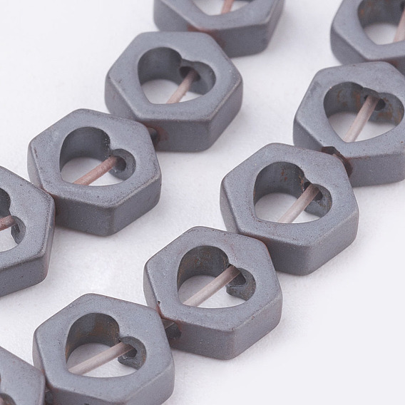 Non-magnetic Synthetic Hematite Beads Strands, Frosted, Hexagon with Heart