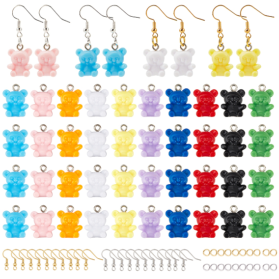 DIY Resin Dangle Earring Making Kits, Including 80Pcs 10 Colors Bear Resin Pendants, Brass Earring Hooks & Jump Rings