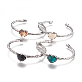 304 Stainless Steel Cuff Bangles, with Acrylic Rhinestone, Heart, Faceted