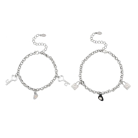 2шт. 304 браслеты с подвесками из нержавеющей стали, браслеты-цепочки для пары, Ключ и замок, с подвесками из сплава в форме магнитного сердца