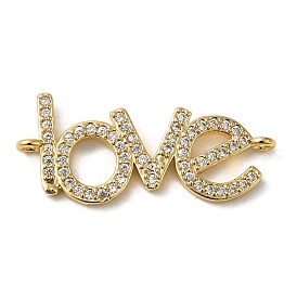 Rack Plating Brass Micro Pave Clear Cubic Zirconia Connector Charms, Word Love Links, Long-Lasting Plated, Lead Free & Cadmium Free