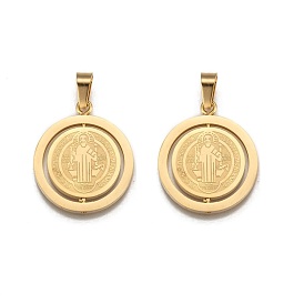 304 Stainless Steel Pendants, Flat Round with Saint Benedict Medal, 27x23x2mm, Hole: 4x6.5mm
