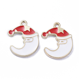 Christmas Theme Golden Plated Alloy Enamel Pendants, Christmas Moon Sleeping