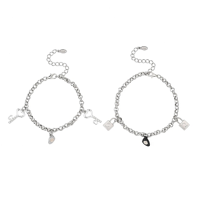 2шт. 304 браслеты с подвесками из нержавеющей стали, браслеты-цепочки для пары, Ключ и замок, с подвесками из сплава в форме магнитного сердца