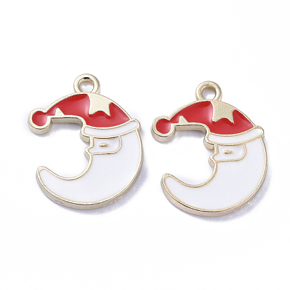 Christmas Theme Golden Plated Alloy Enamel Pendants, Christmas Moon Sleeping
