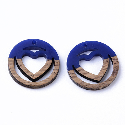 Resin & Walnut Wood Pendants, Ring with Heart