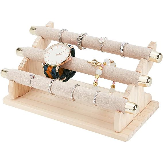 3-ярусные подставки для бархатных колец, съемный органайзер для колец на палец с металлическими накладками золотистого цвета и деревянной подставкой