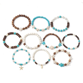 10Pcs 10 Styles Synthetic Turquoise & Coconut & Wood Beaded Stretch Bracelet Sets, Summer Turtles & Starfish Charm Stackable Bracelets