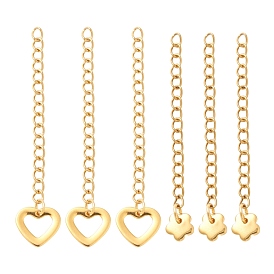 6Pcs 3 Style 304 Stainless Steel Chain Extender, Curb Chain, with Charms, Flower, Hollow Heart