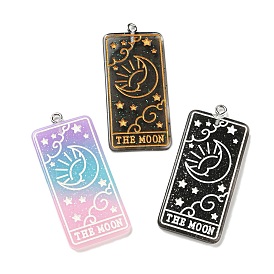 Resin Tarot Card Pendants, Glitter Rectangle Charms with Platinum Plated Iron Loops