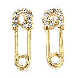 Rack Plating Brass Safety Pin Stud Earrings with Cubic Zirconia, Lead Free & Cadmium Free