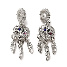 Rack Plating Alloy Colorful Rhinestone European Dangle Charms, Heart with Feathers Large Hole Pendants