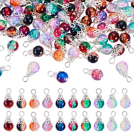 100Pcs 10 Colors Glass Pendants, with Iron Findings, Round Charms