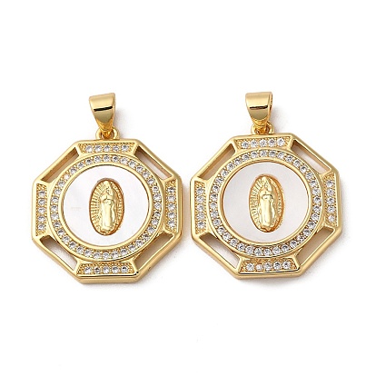 Brass Micro Pave Cubic Zirconia Pendants, Cadmium Free & Lead Free, with Shell, Flat Round with Saint