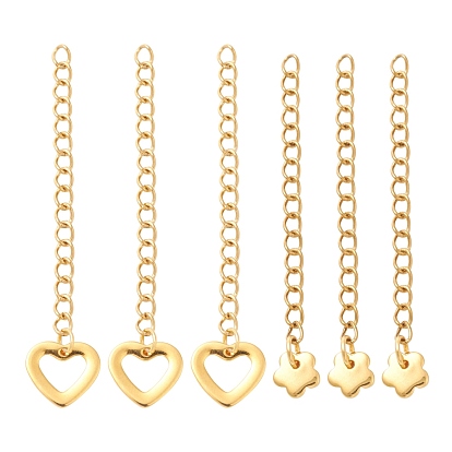 6Pcs 3 Style 304 Stainless Steel Chain Extender, Curb Chain, with Charms, Flower, Hollow Heart