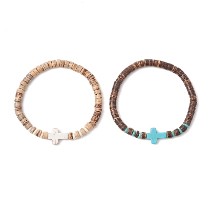 2шт. крестовые браслеты из натуральных кокосовых и синтетических бирюзовых бусин для женщин