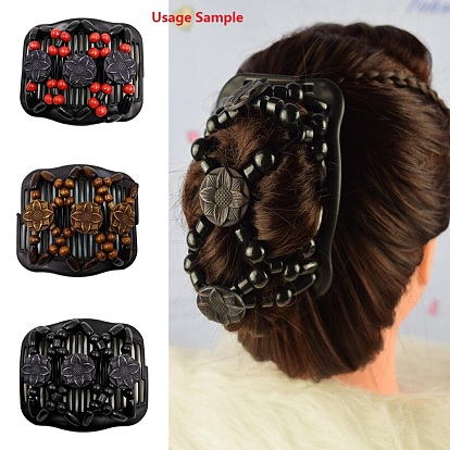 Plastic Hair Bun Maker, Stretch Double Hair Comb, with Wood Beads and Resin Flower