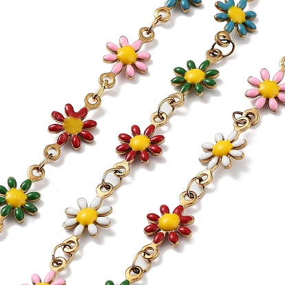 304 Stainless Steel Handmade Beaded Chain, with Enamel, with Spool, Soldered, Real 18K Gold Plated, Flower