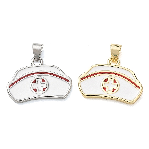 Brass Pendants, Nurse Hat Charms, with Enamel, Cadmium Free & Lead Free, Rack Plating, Long-Lasting Plated