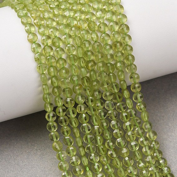 Natural Peridot Beads Strands, Flat Round, Faceted
