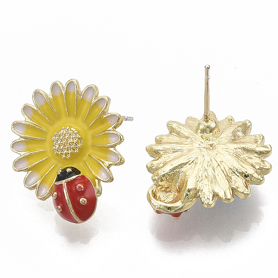 Alloy Enamel Ear Studs, Daisy with Ladybird, Light Gold