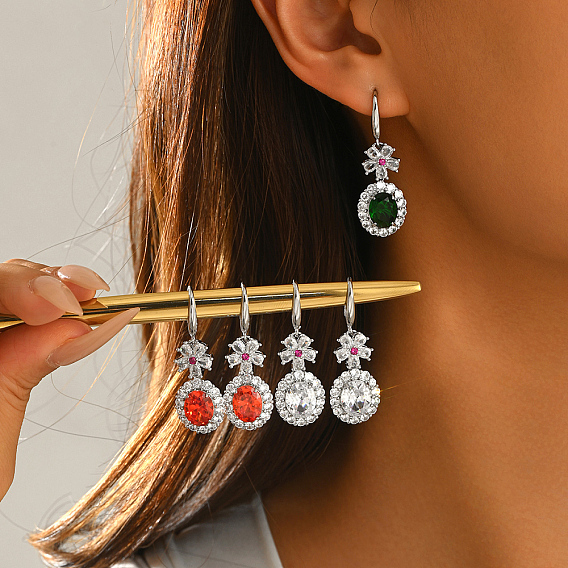 Brass Micro Pave Cubic Zirconia Flower with Oval Dangle Earrings for Women, Platinum