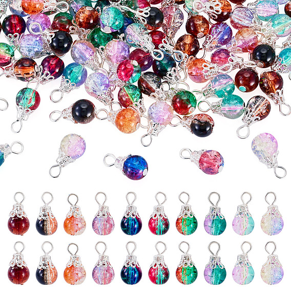 100Pcs 10 Colors Glass Pendants, with Iron Findings, Round Charms